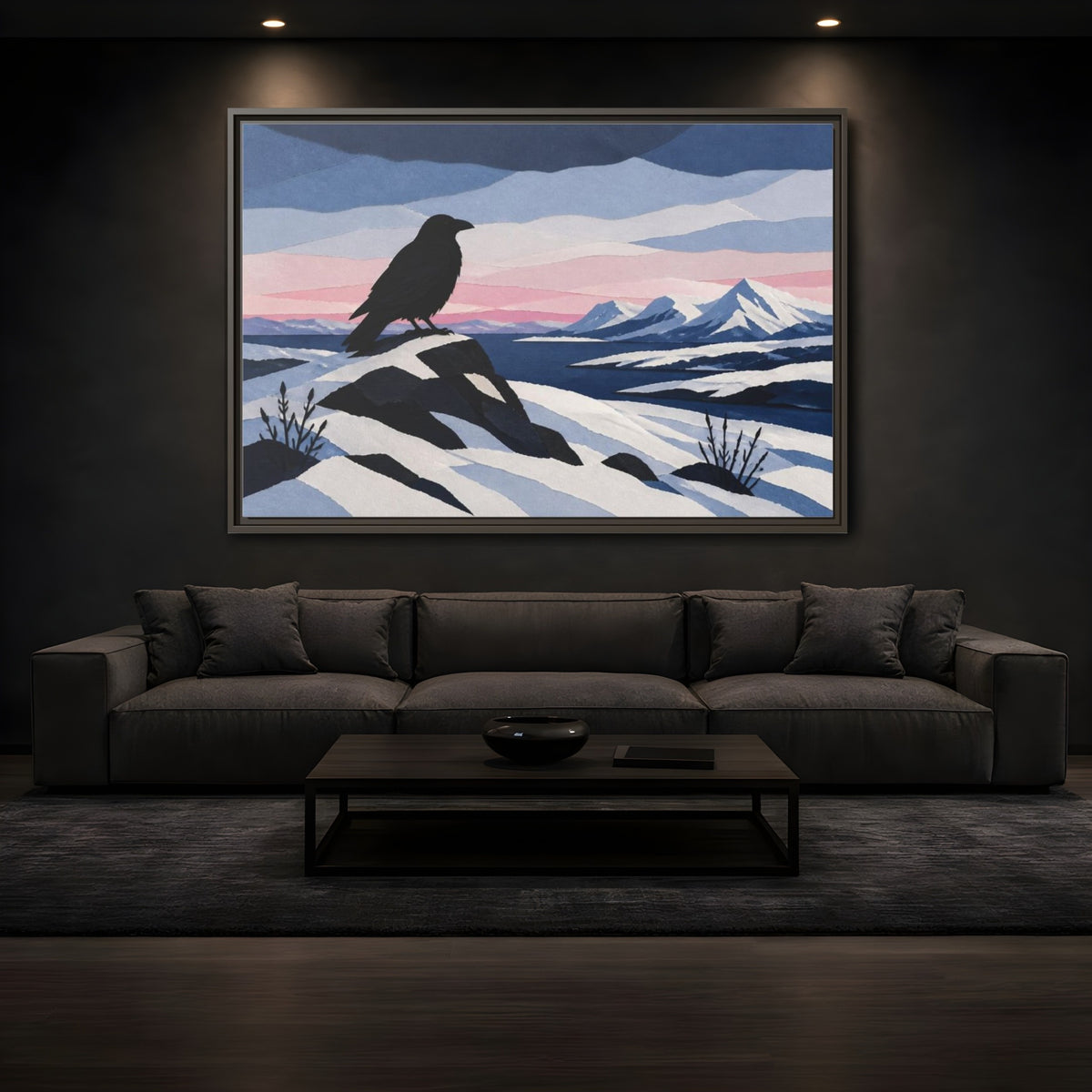 Mockup 3. Nordic Raven Over Snow shown as framed canvas print