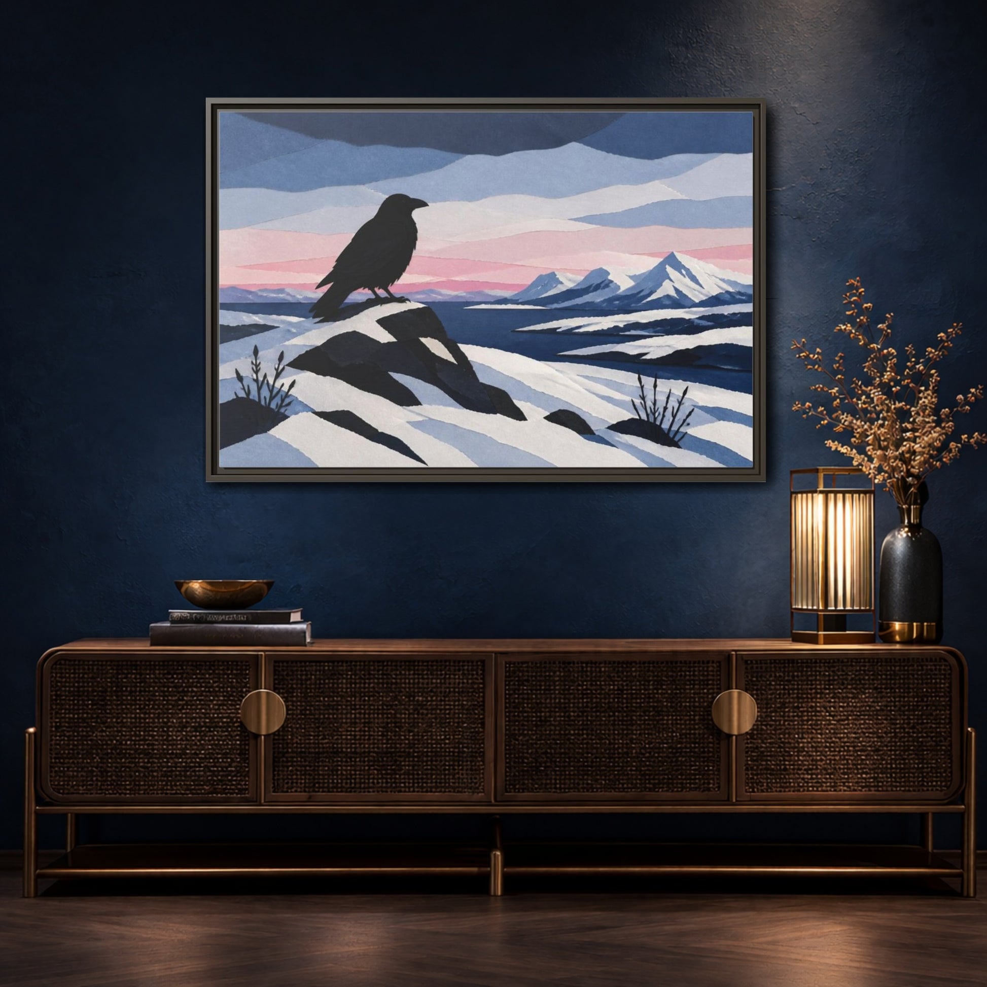 Mockup 4. Nordic Raven Over Snow shown as framed canvas print