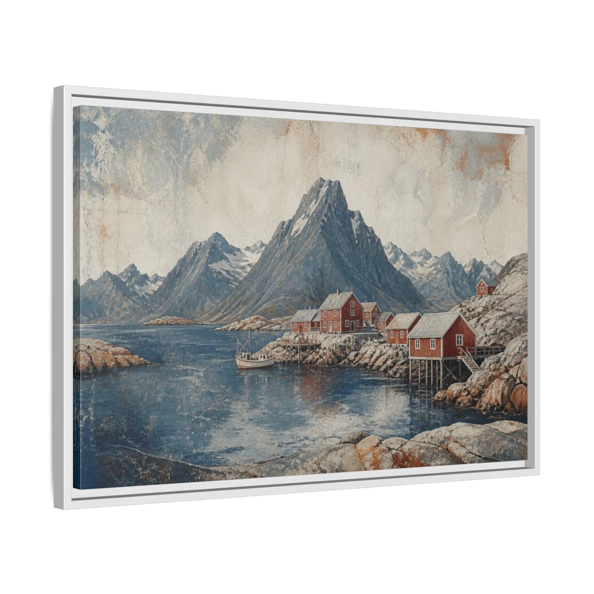 Side Mockup 10. Nordic Red Boathouses shown as framed canvas print
