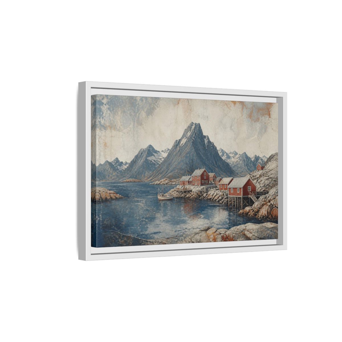 Side Mockup 4. Nordic Red Boathouses shown as framed canvas print