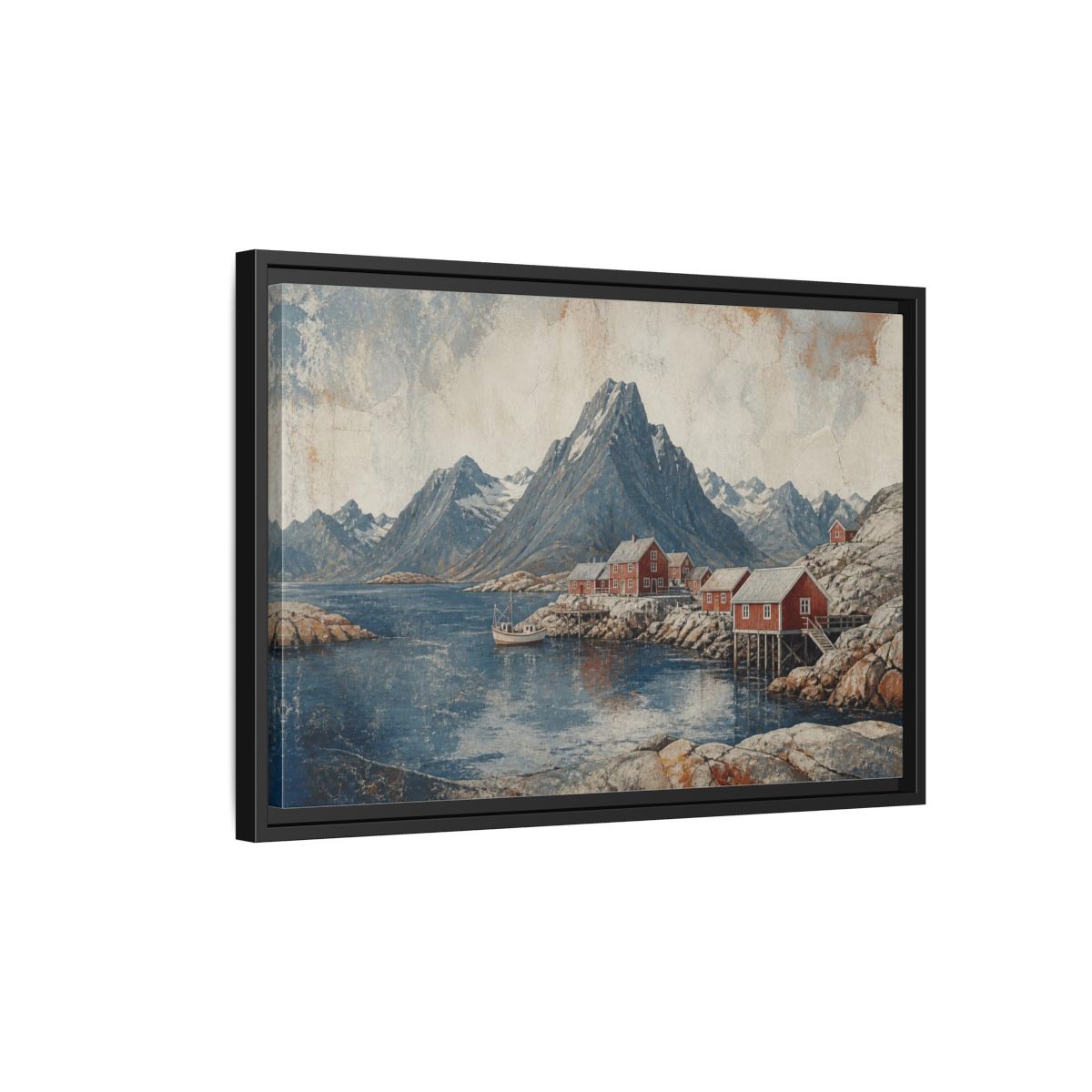 Side Mockup 3. Nordic Red Boathouses shown as framed canvas print