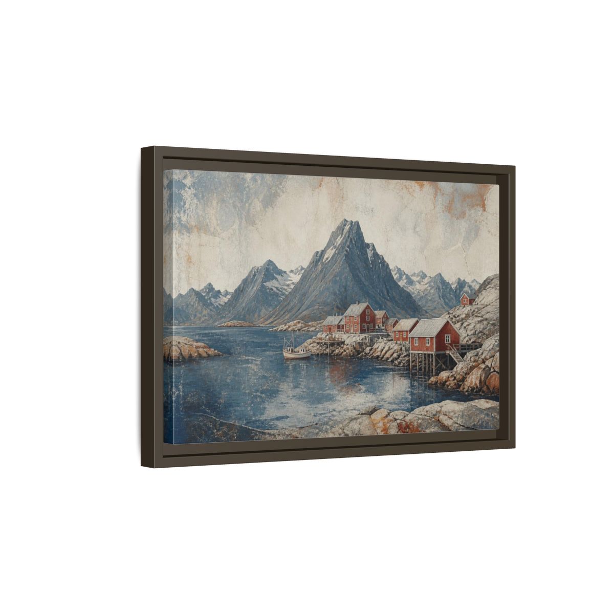 Side Mockup 5. Nordic Red Boathouses shown as framed canvas print