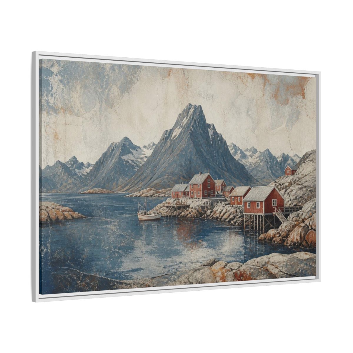 Side Mockup 7. Nordic Red Boathouses shown as framed canvas print
