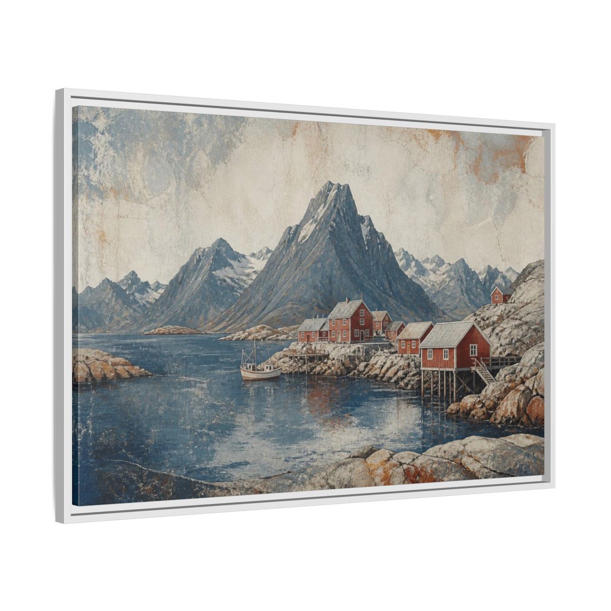 Side Mockup 9. Nordic Red Boathouses shown as framed canvas print