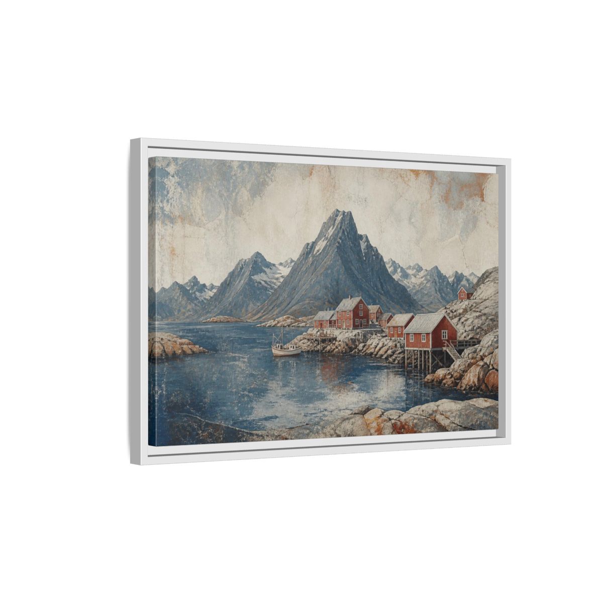 Side Mockup 1. Nordic Red Boathouses shown as framed canvas print