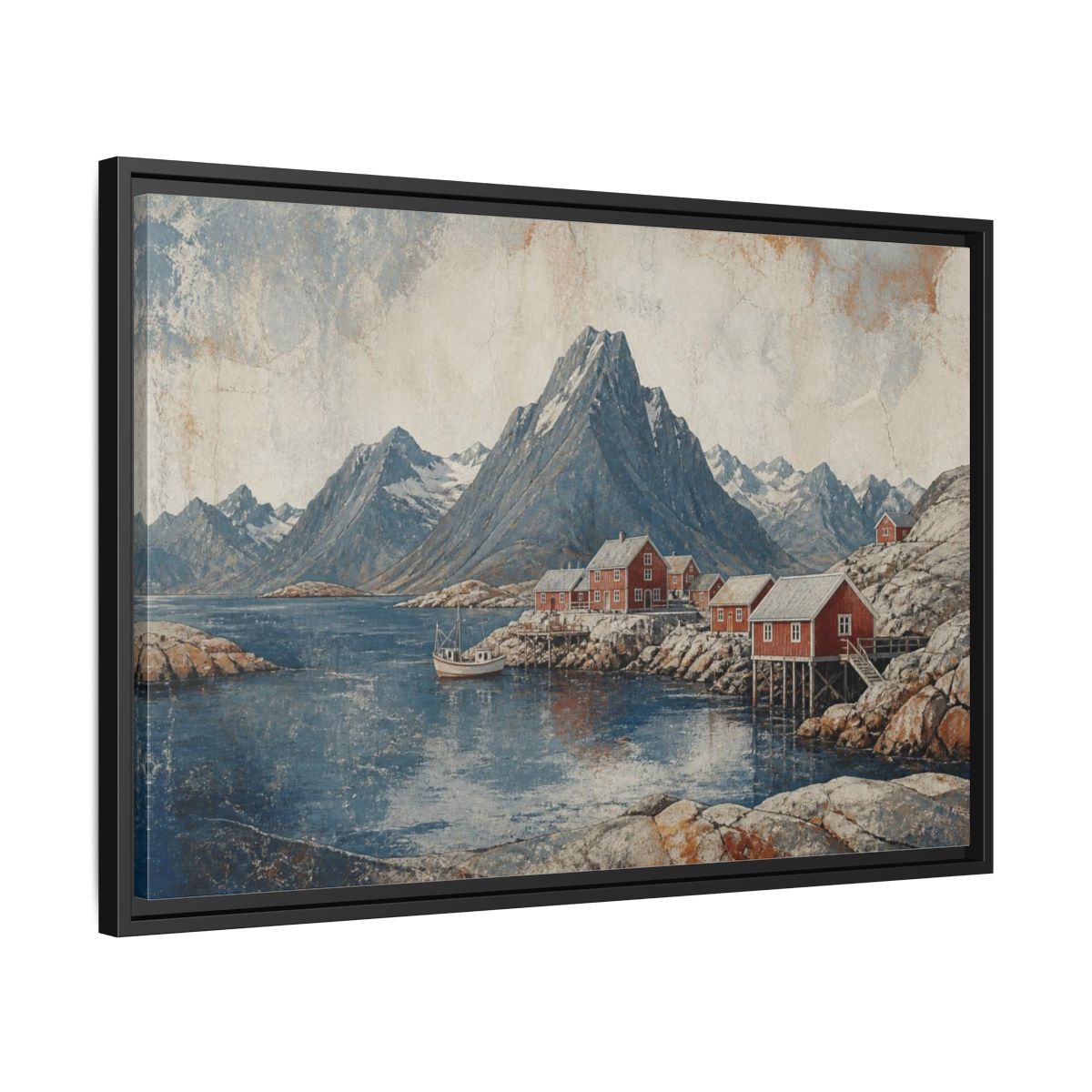 Side Mockup 14. Nordic Red Boathouses shown as framed canvas print