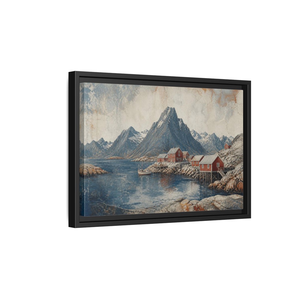 Side Mockup 6. Nordic Red Boathouses shown as framed canvas print