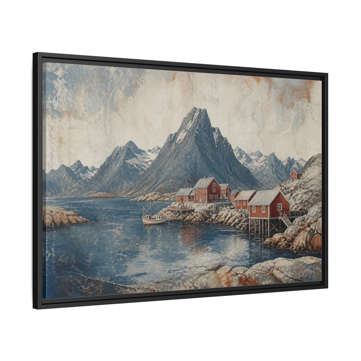 Side Mockup 13. Nordic Red Boathouses shown as framed canvas print