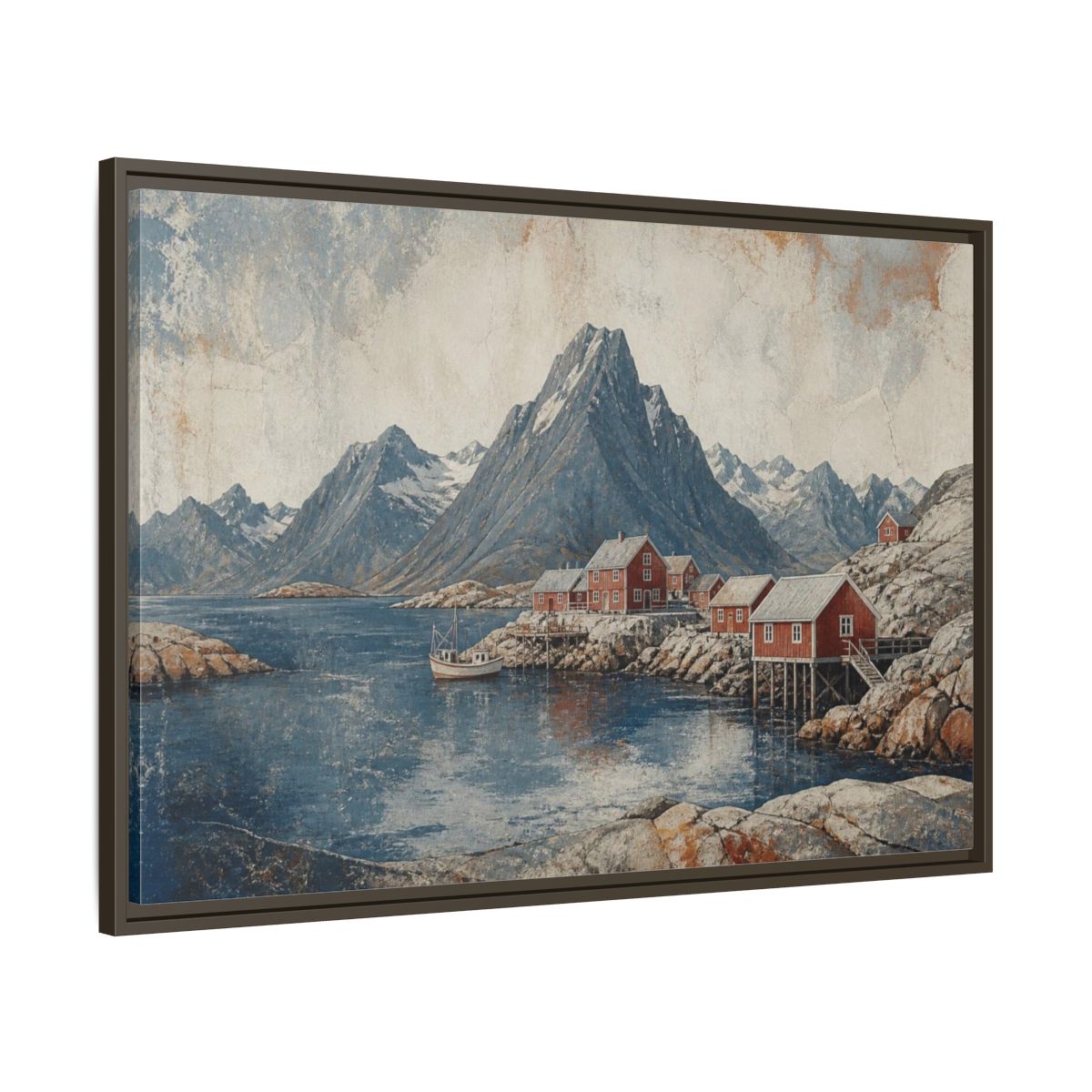 Main Mockup. Nordic Red Boathouses shown as framed canvas print