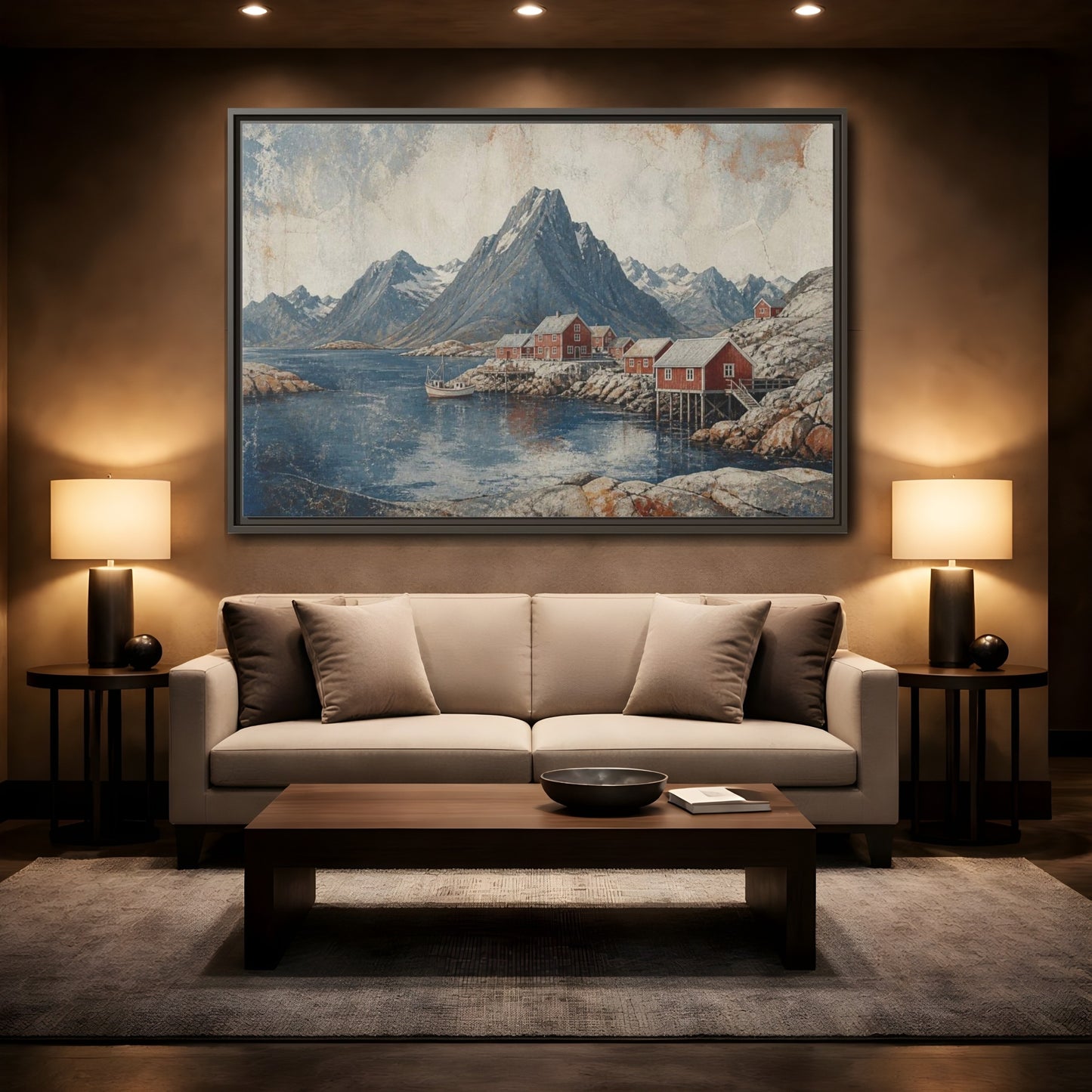 Mockup 2. Nordic Red Boathouses shown as framed canvas print