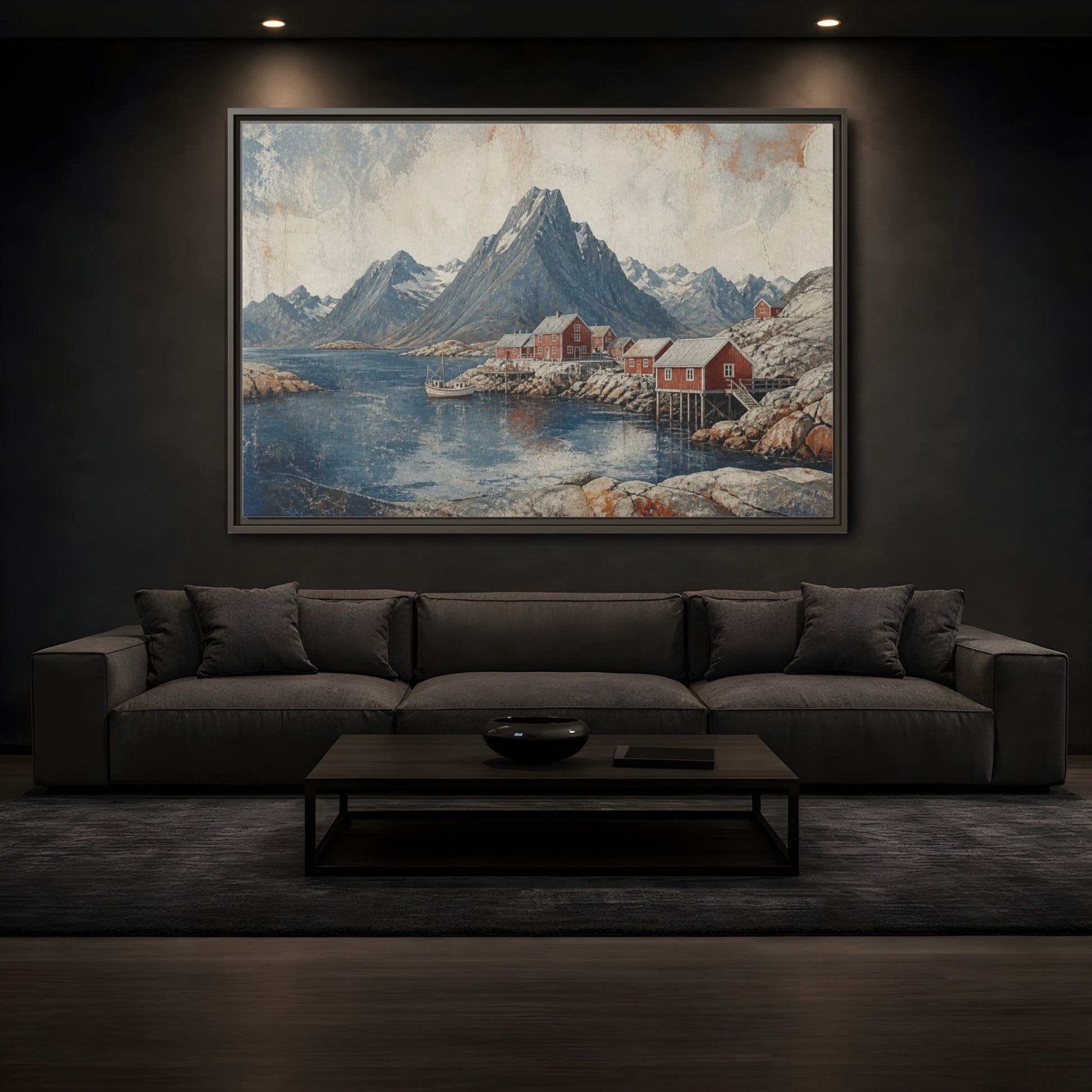 Mockup 3. Nordic Red Boathouses shown as framed canvas print