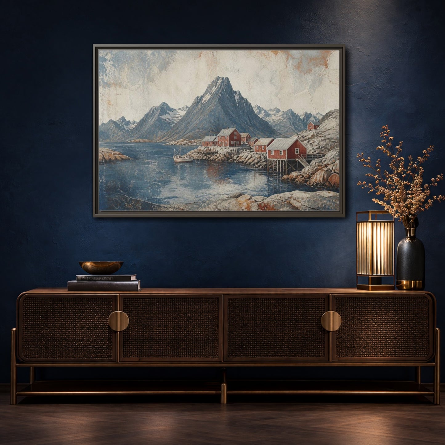 Mockup 4. Nordic Red Boathouses shown as framed canvas print