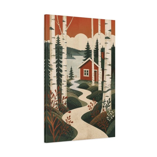 Nordic Red Cabin Canvas Print – Living Room, Above Fireplace, Rust & Pine Green - YesArtYes