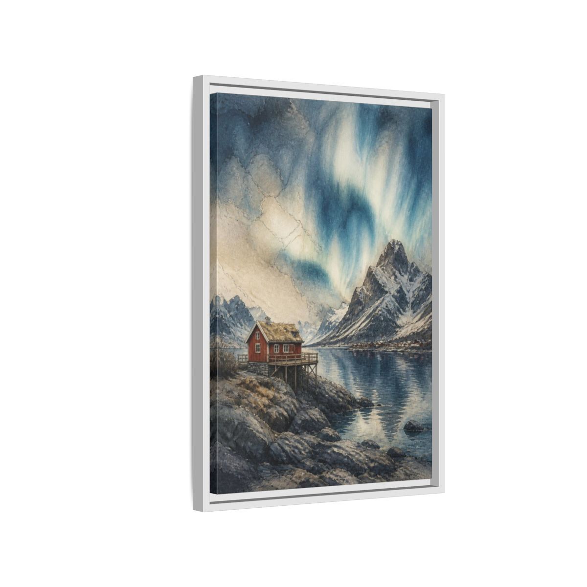 Side Mockup 1. Nordic Red Cabin shown as framed canvas print