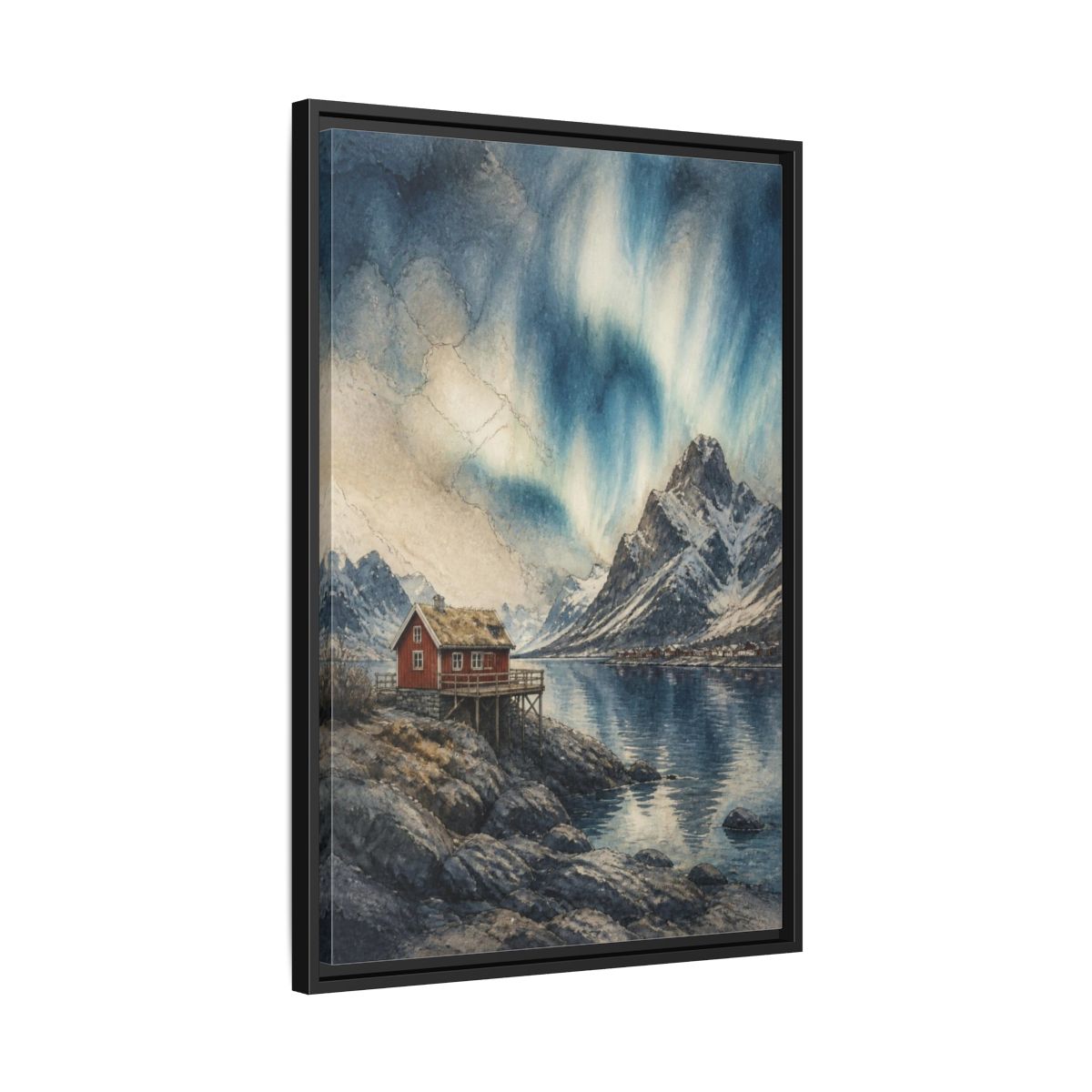Side Mockup 14. Nordic Red Cabin shown as framed canvas print