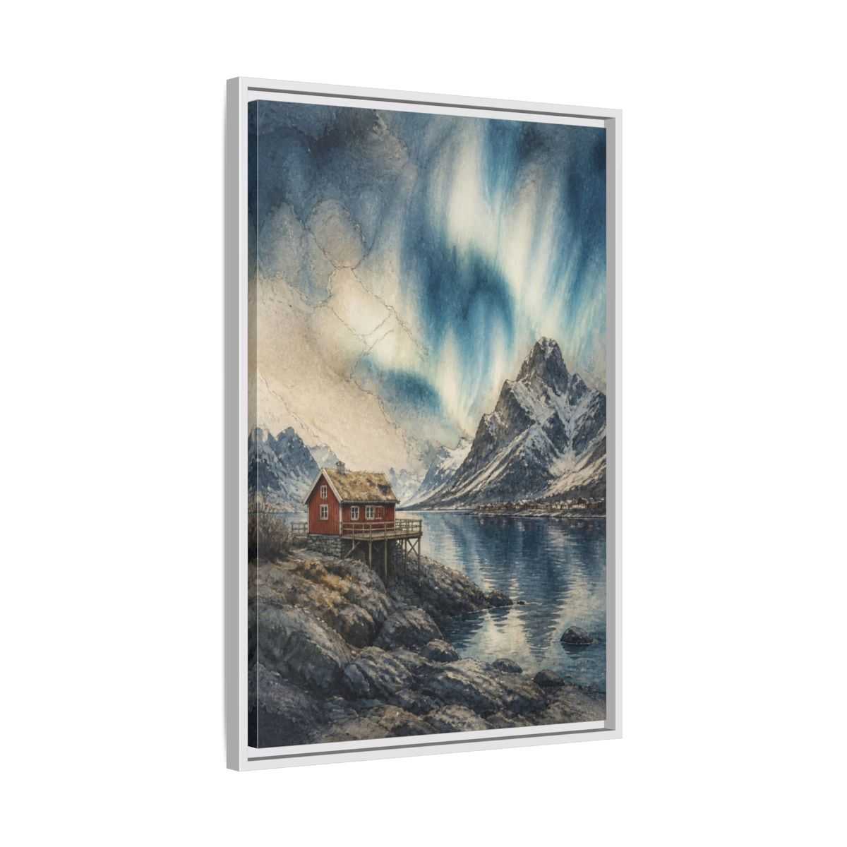 Side Mockup 10. Nordic Red Cabin shown as framed canvas print