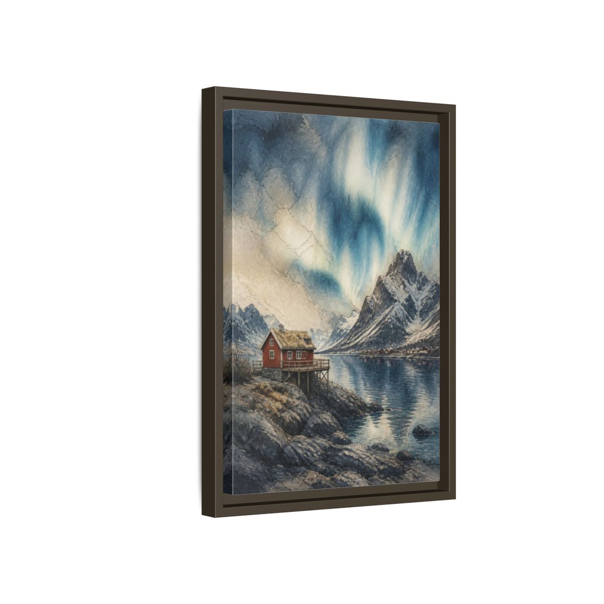 Side Mockup 5. Nordic Red Cabin shown as framed canvas print