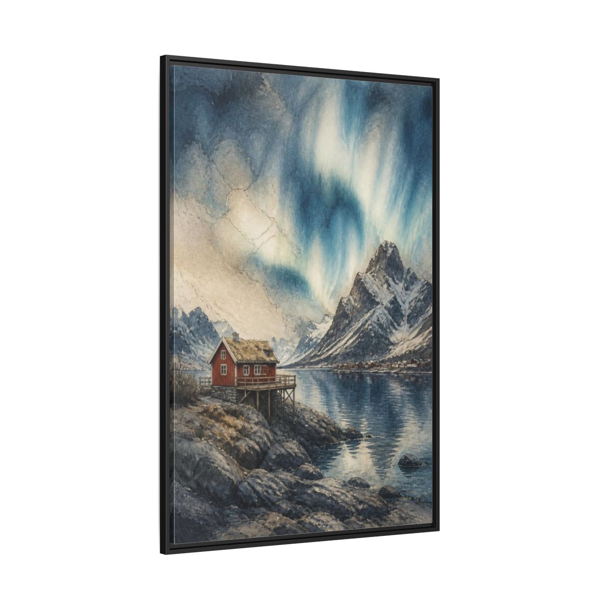 Side Mockup 12. Nordic Red Cabin shown as framed canvas print