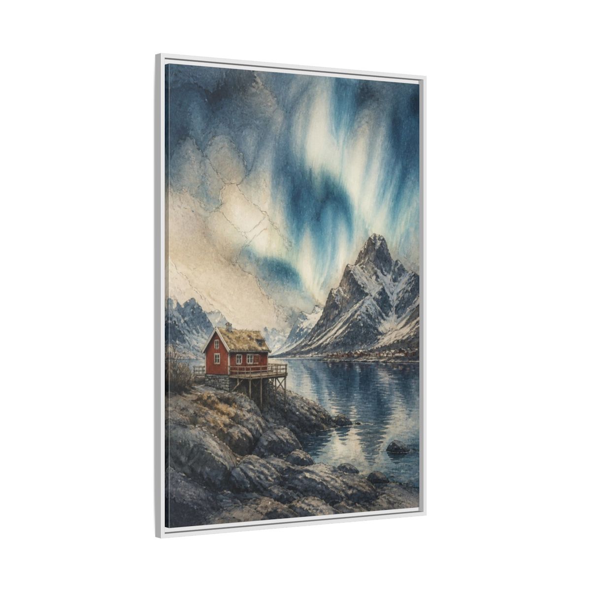 Side Mockup 7. Nordic Red Cabin shown as framed canvas print