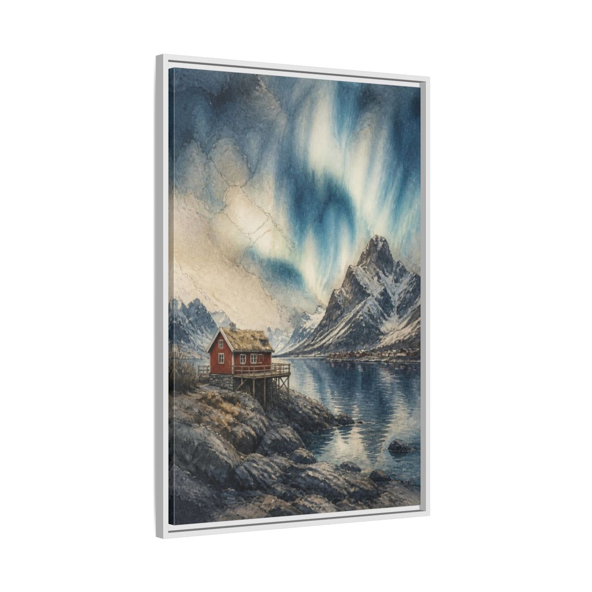 Side Mockup 9. Nordic Red Cabin shown as framed canvas print
