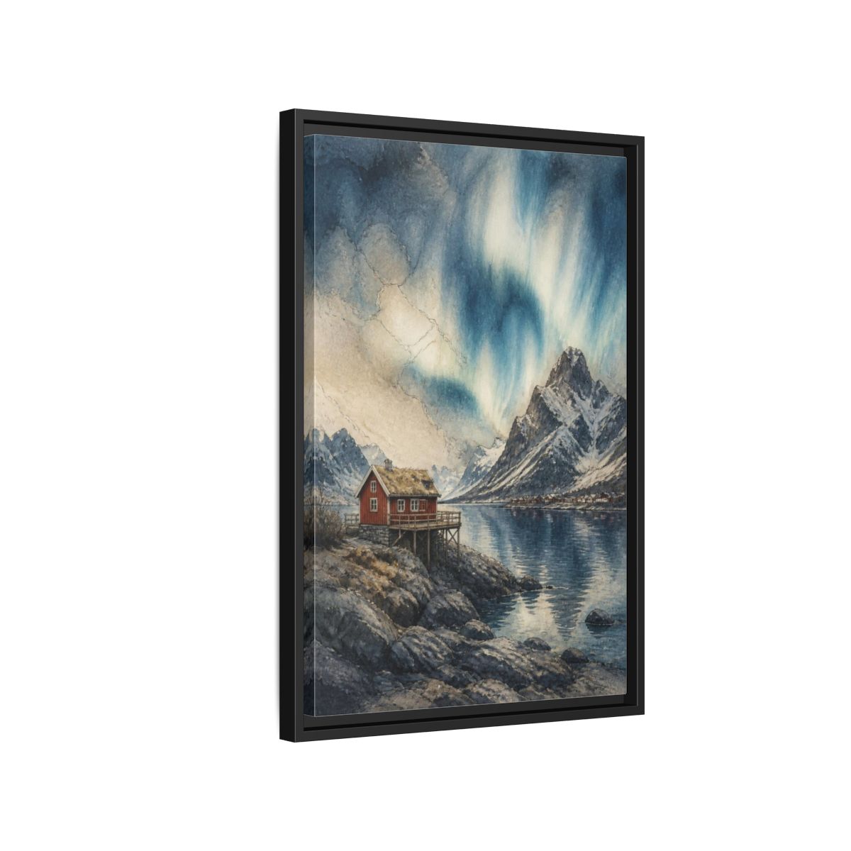 Side Mockup 3. Nordic Red Cabin shown as framed canvas print