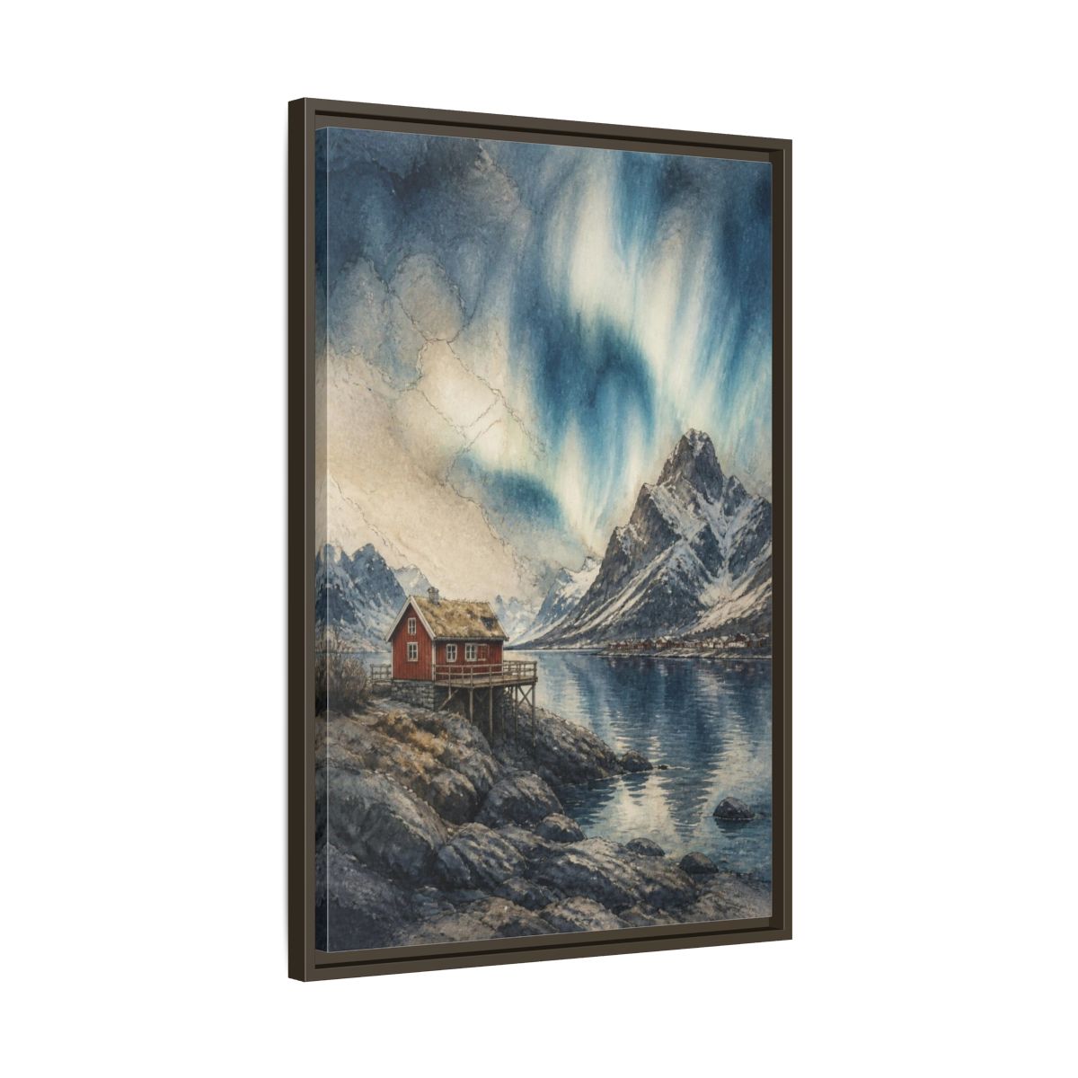 Side Mockup 11. Nordic Red Cabin shown as framed canvas print