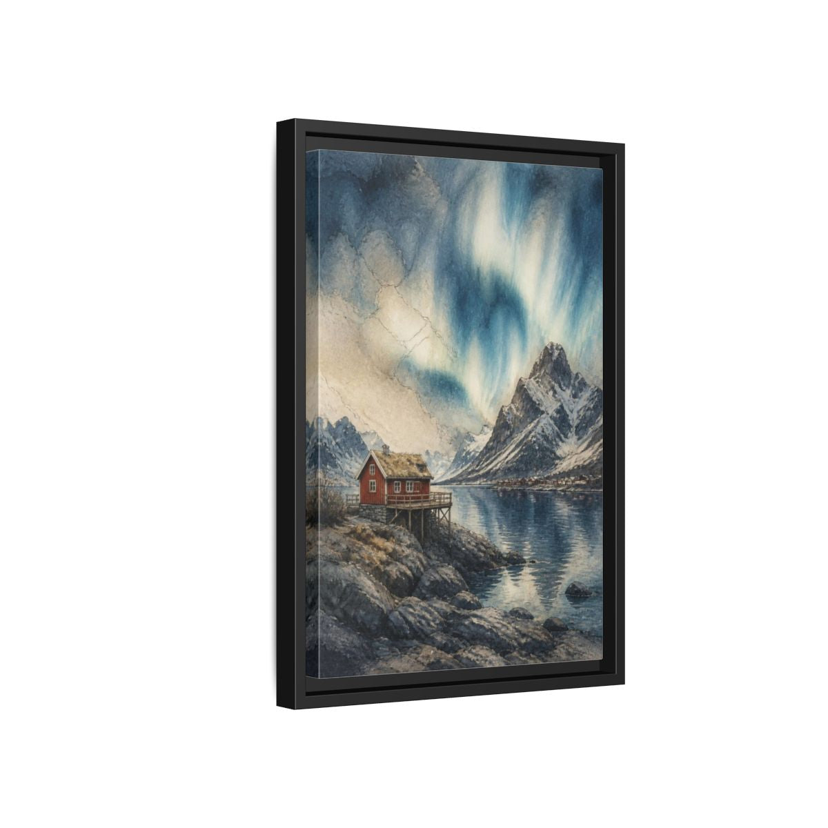 Side Mockup 6. Nordic Red Cabin shown as framed canvas print
