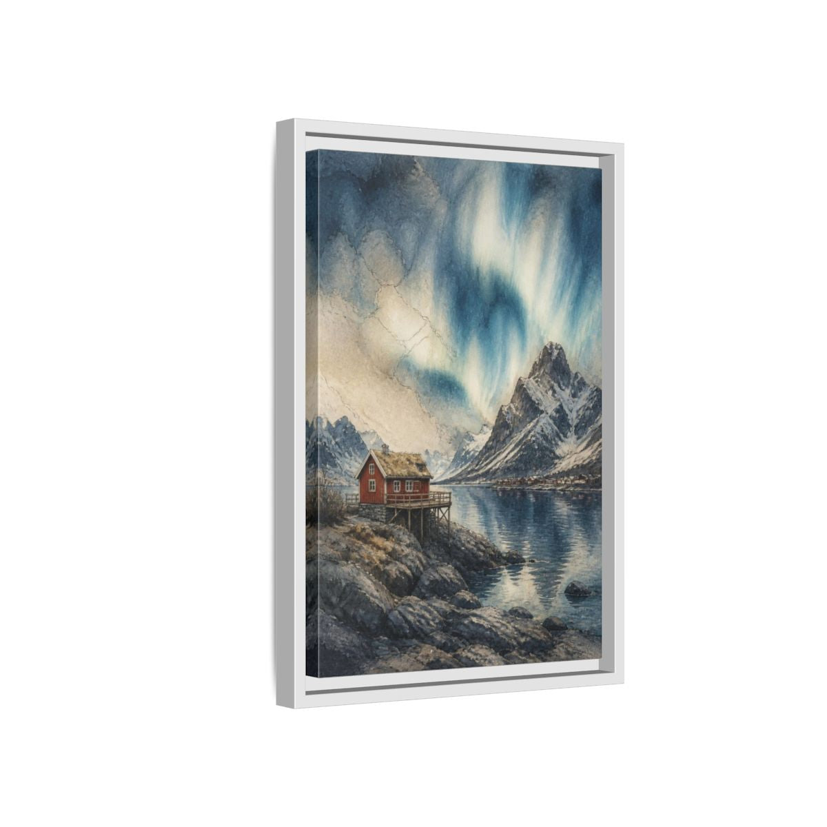 Side Mockup 4. Nordic Red Cabin shown as framed canvas print
