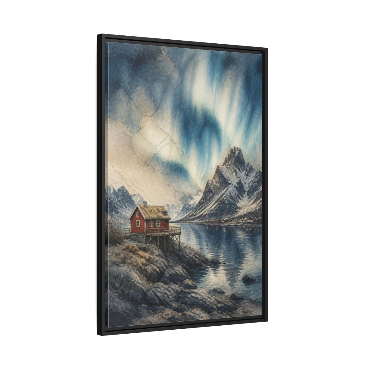 Side Mockup 13. Nordic Red Cabin shown as framed canvas print