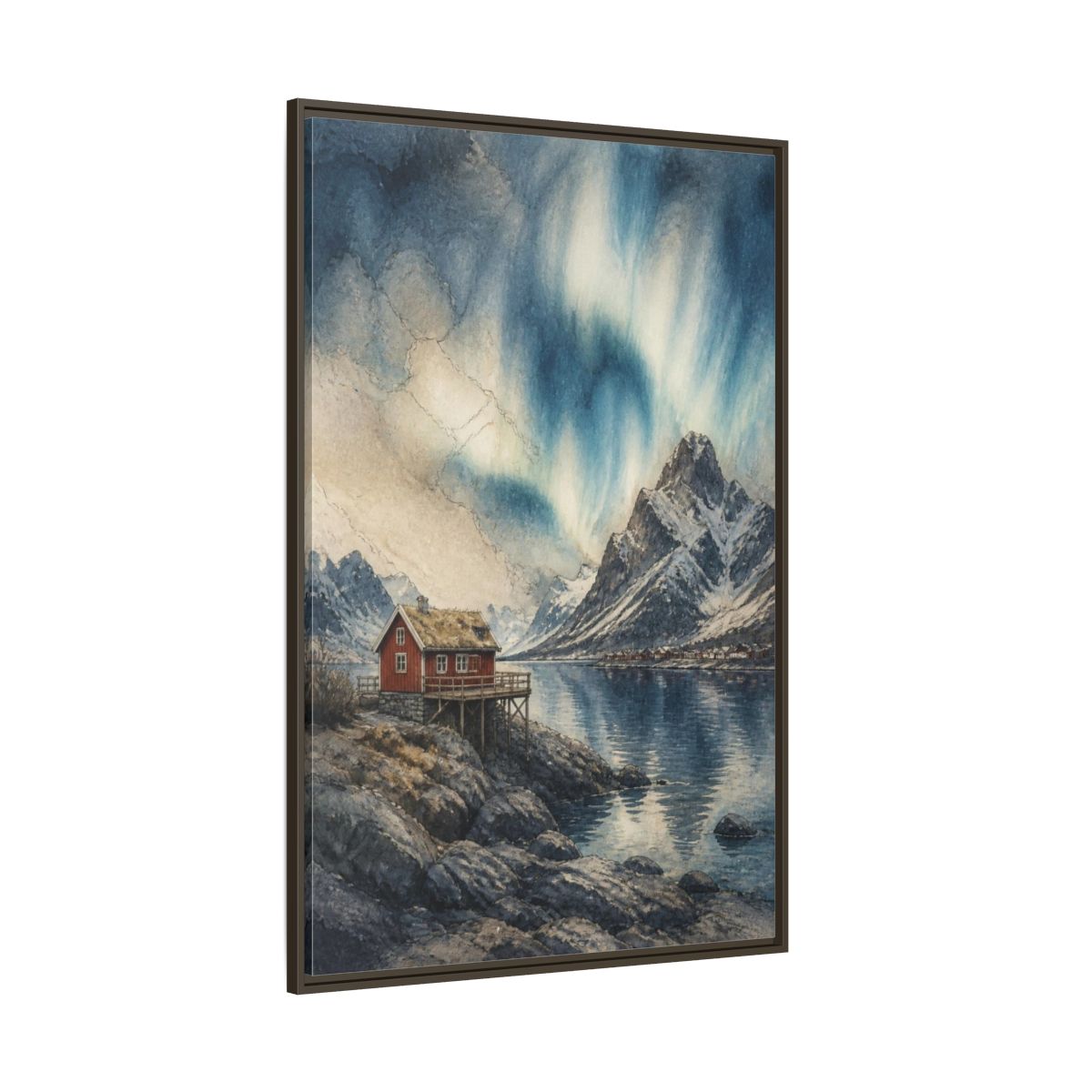 Side Mockup 8. Nordic Red Cabin shown as framed canvas print