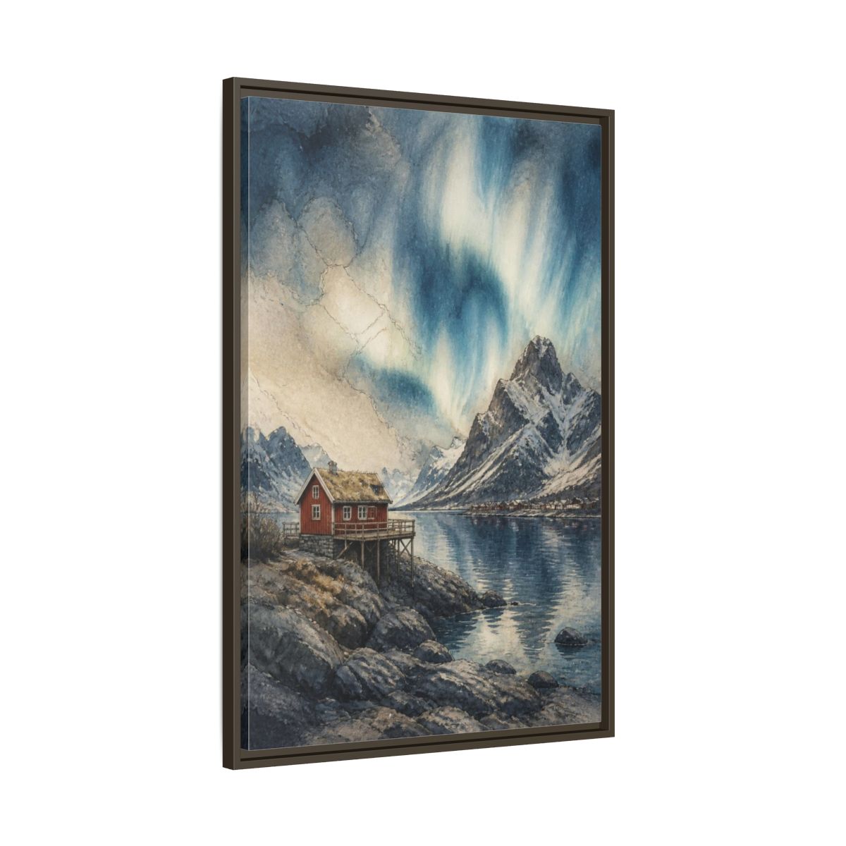 Main Mockup. Nordic Red Cabin shown as framed canvas print