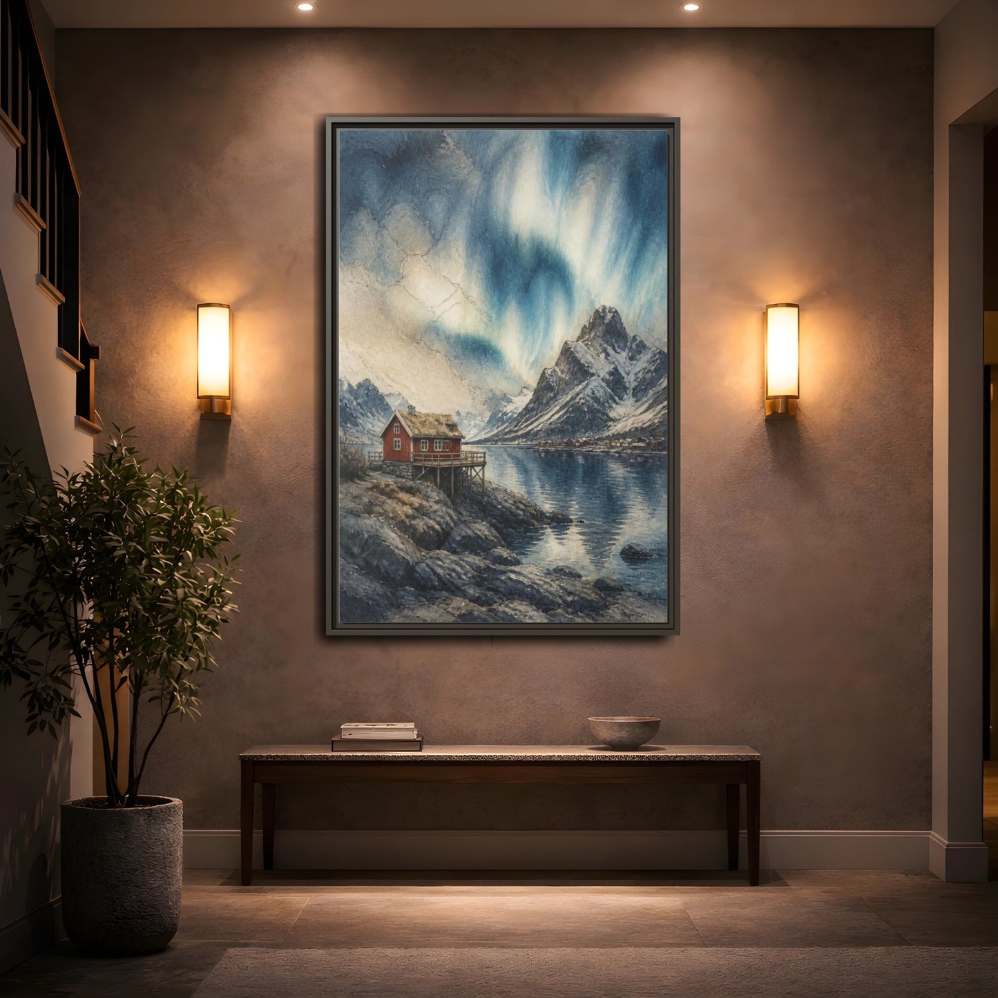 Mockup 2. Nordic Red Cabin shown as framed canvas print
