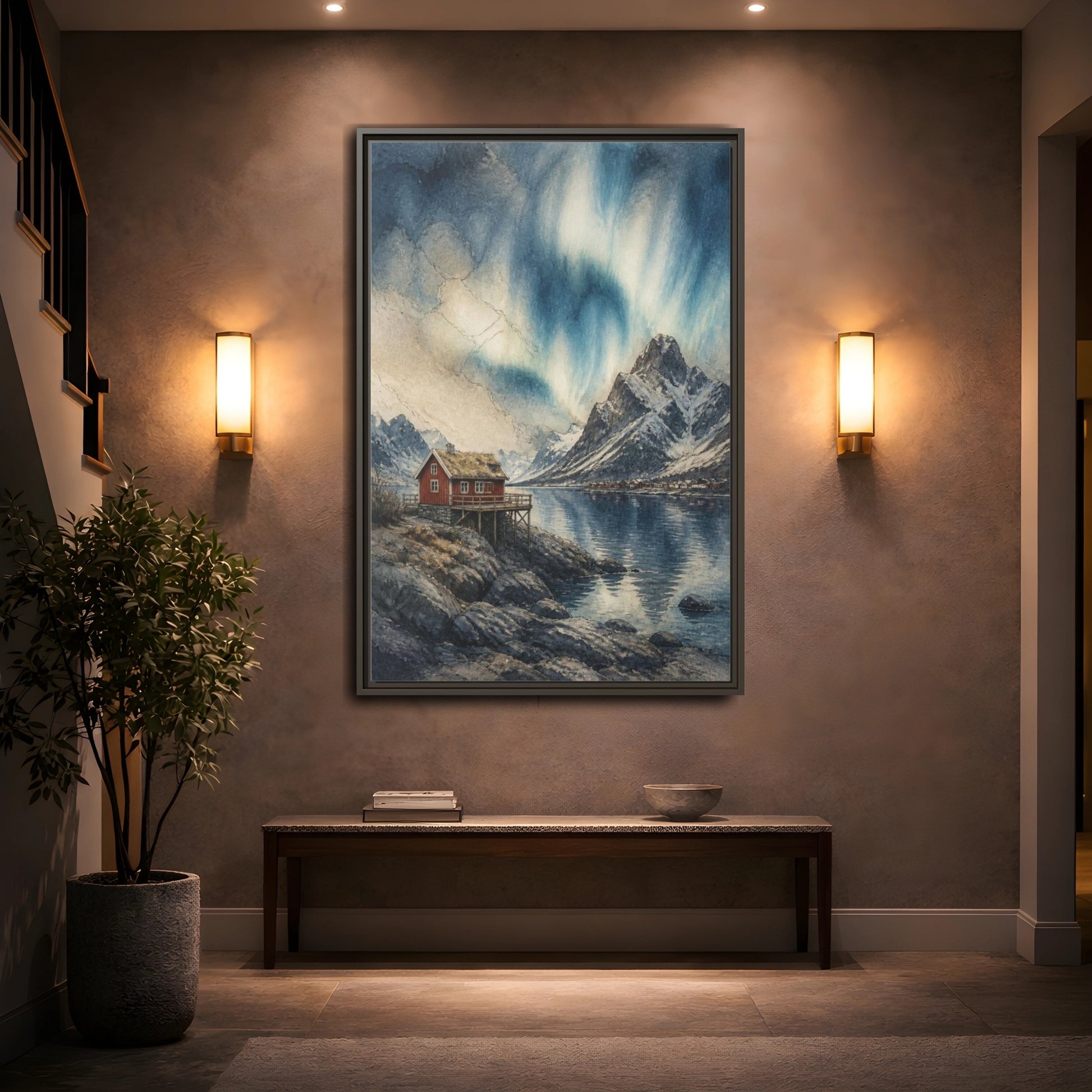 Mockup 2. Nordic Red Cabin shown as framed canvas print