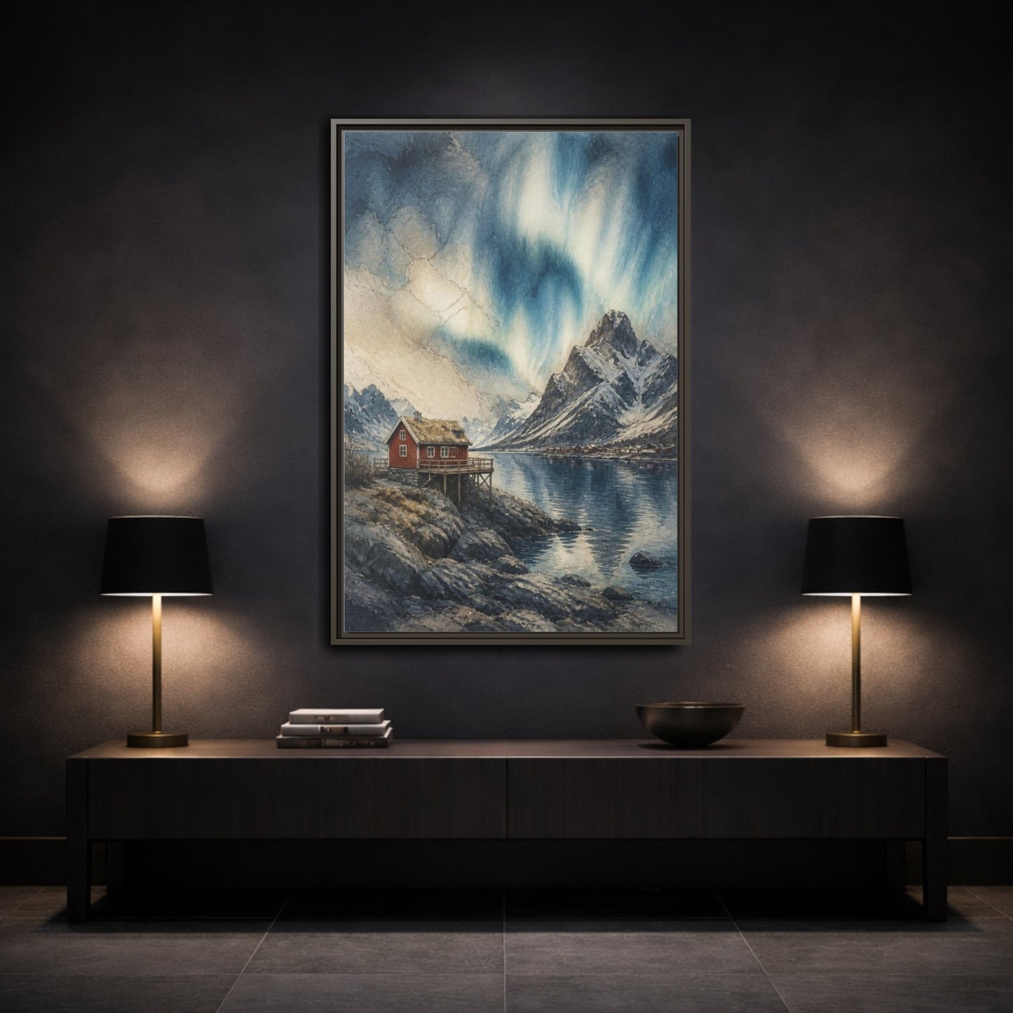 Mockup 3. Nordic Red Cabin shown as framed canvas print