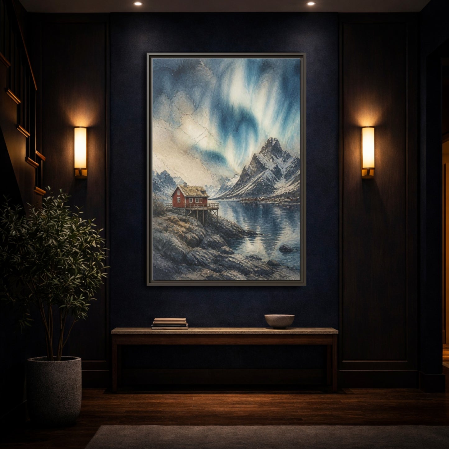 Mockup 4. Nordic Red Cabin shown as framed canvas print