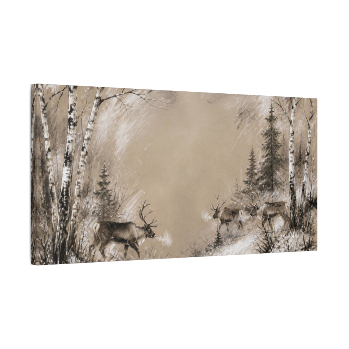 Side Mockup 1. Nordic Reindeer Crossing shown as canvas print