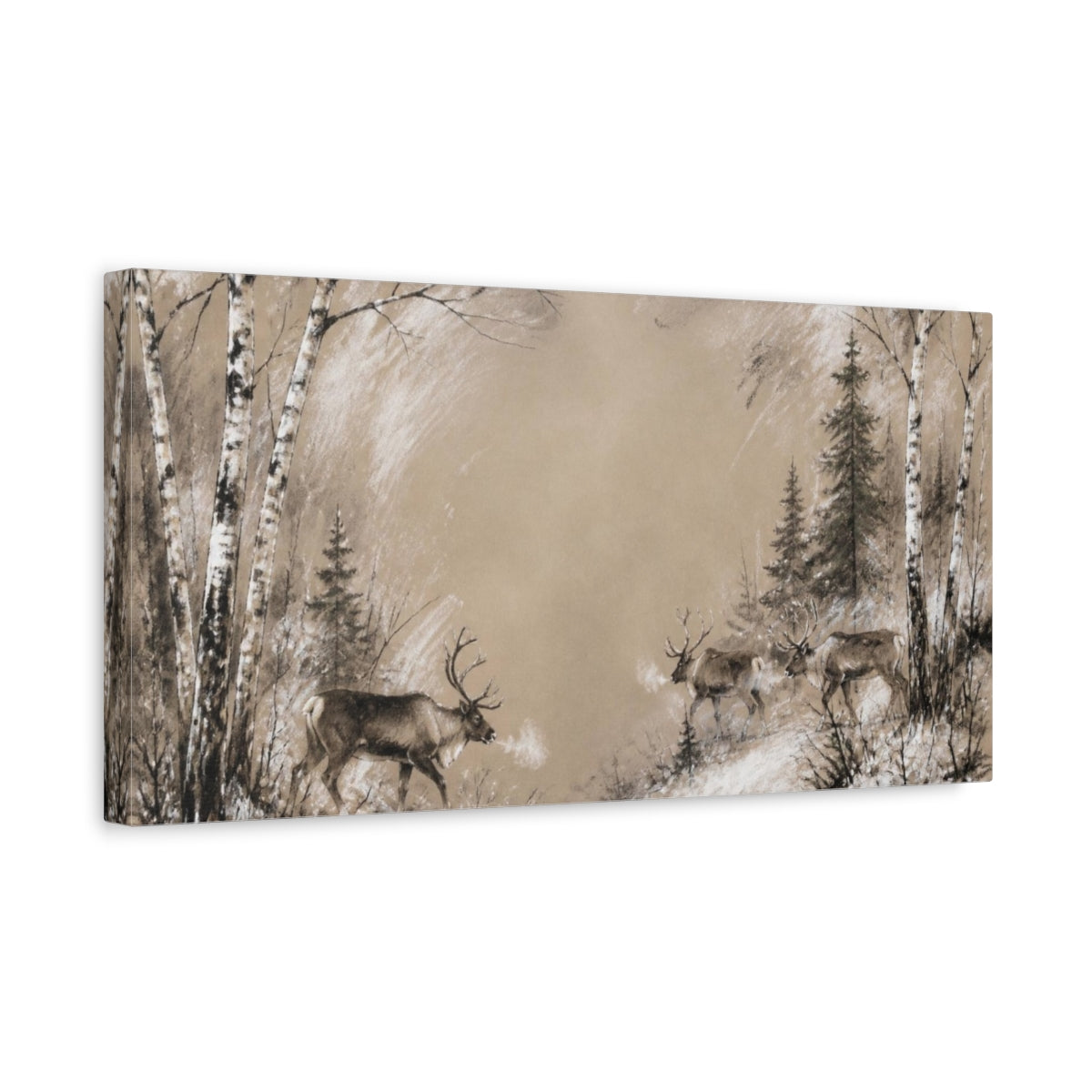 Side Mockup 3. Nordic Reindeer Crossing shown as canvas print