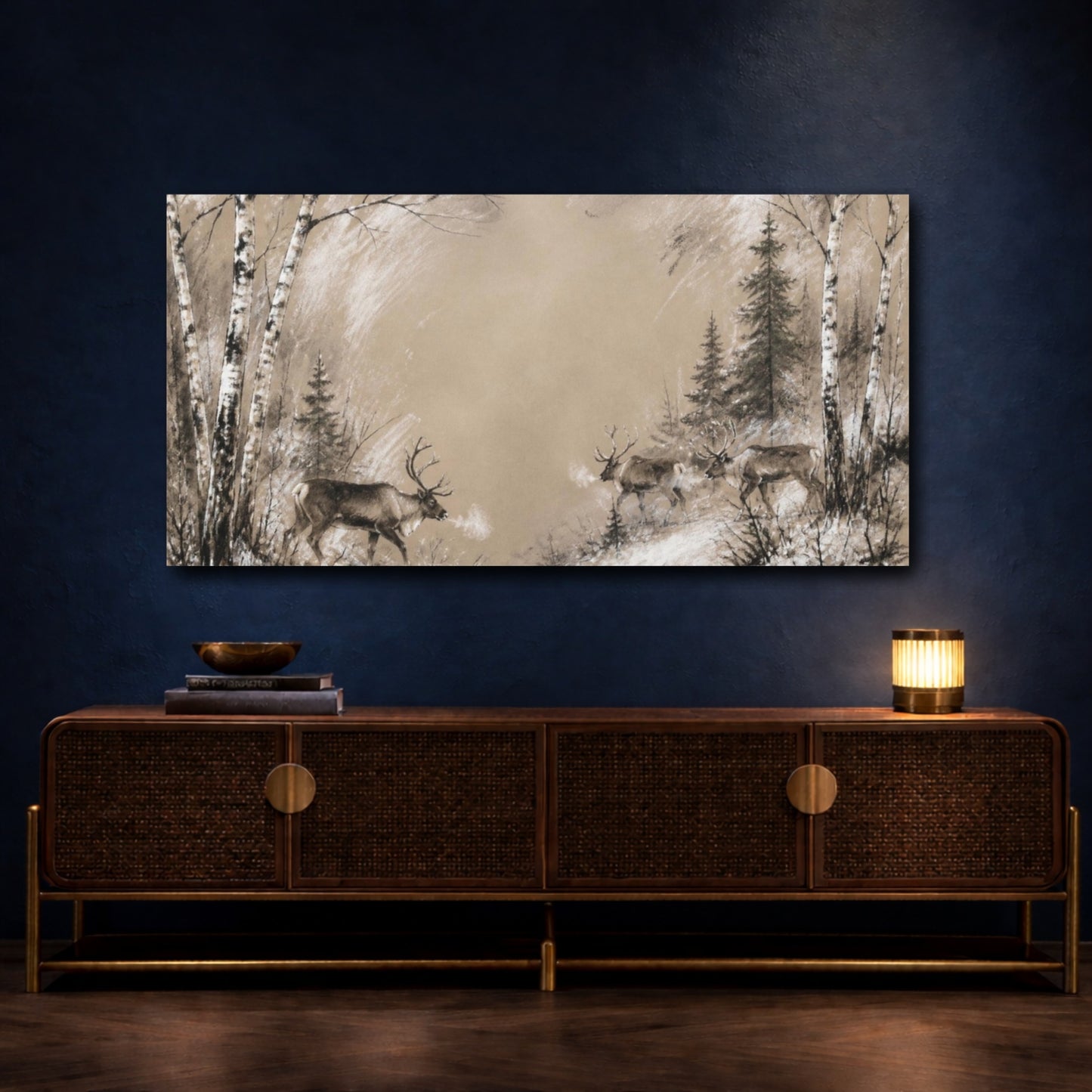 Mockup 4. Nordic Reindeer Crossing shown as canvas print