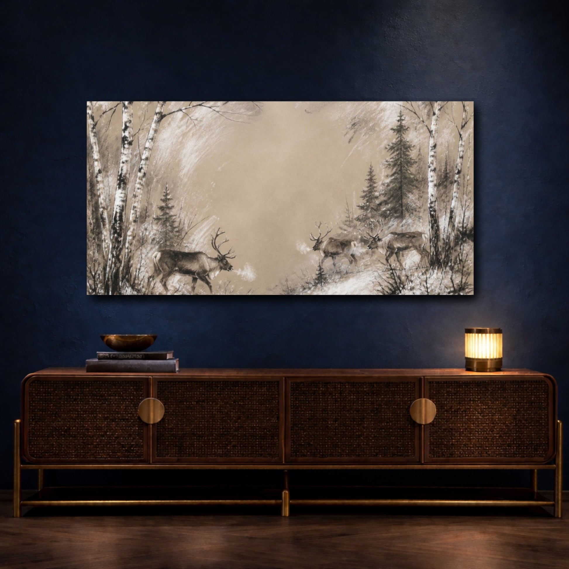 Mockup 4. Nordic Reindeer Crossing shown as canvas print
