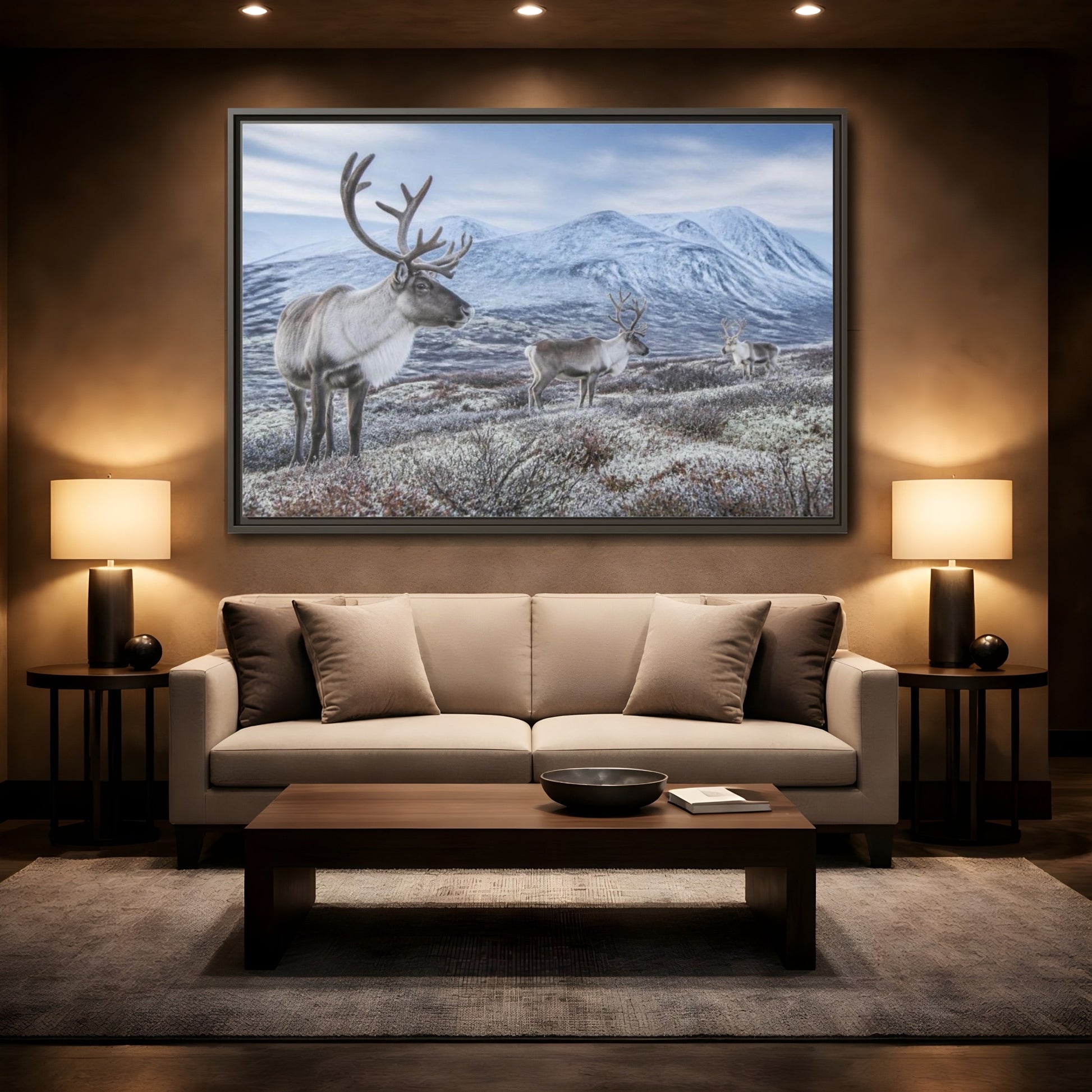 Mockup 2. Nordic Reindeer In Tundra shown as framed canvas print