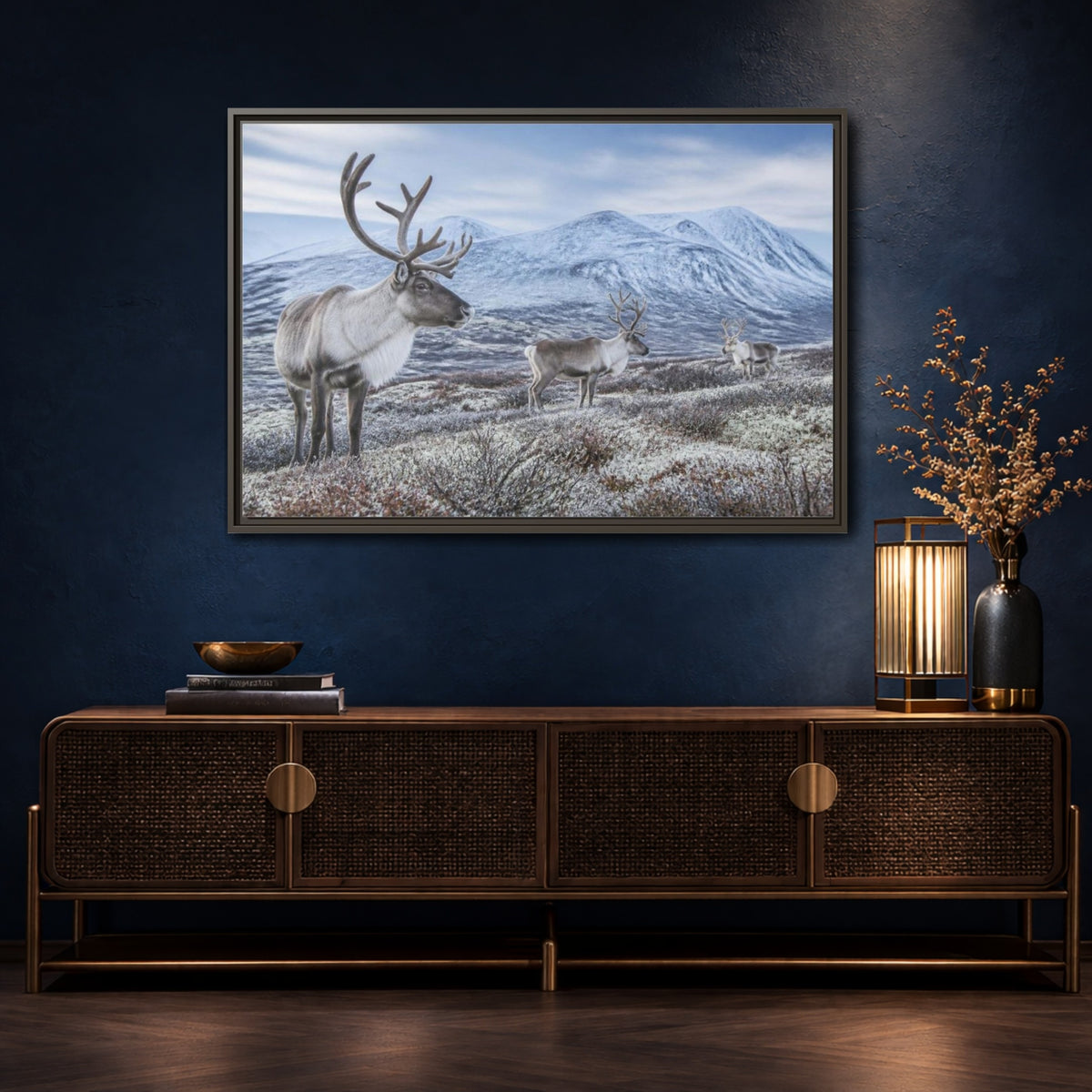 Mockup 4. Nordic Reindeer In Tundra shown as framed canvas print