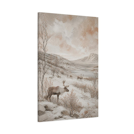 Nordic Reindeer Landscape Canvas Print – Living Room, Above Console Table, Taupe And Muted Copper - YesArtYes