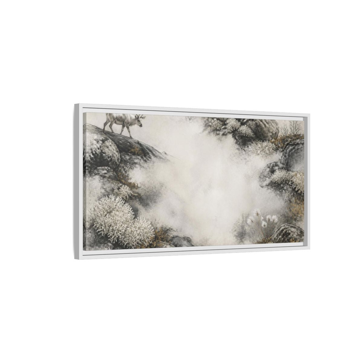 Side Mockup 1. Nordic Reindeer Study shown as framed canvas print