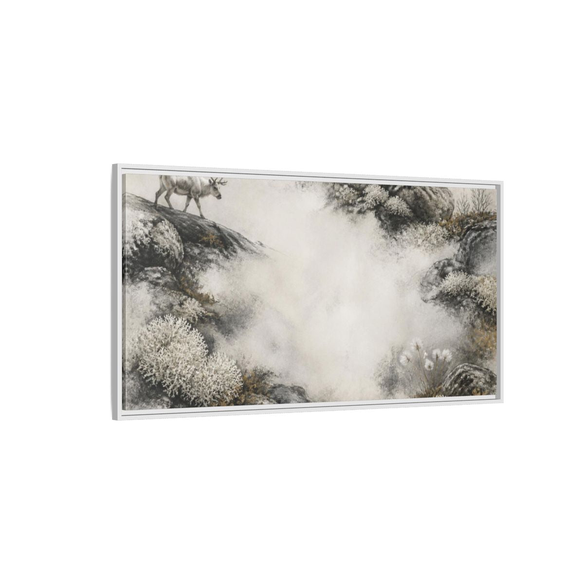 Side Mockup 3. Nordic Reindeer Study shown as framed canvas print