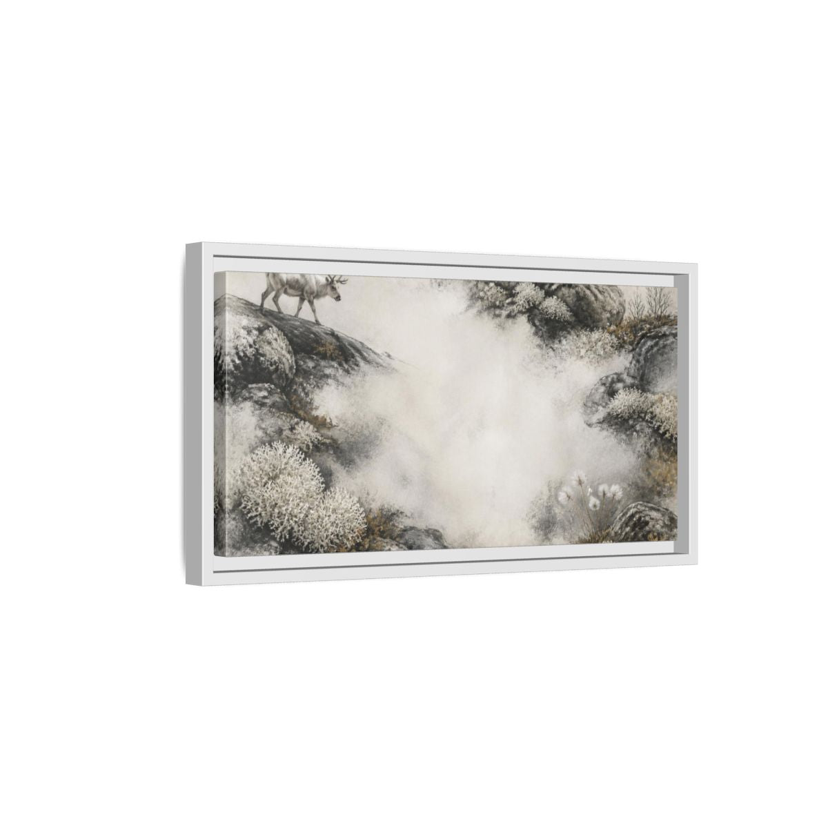 Side Mockup 6. Nordic Reindeer Study shown as framed canvas print