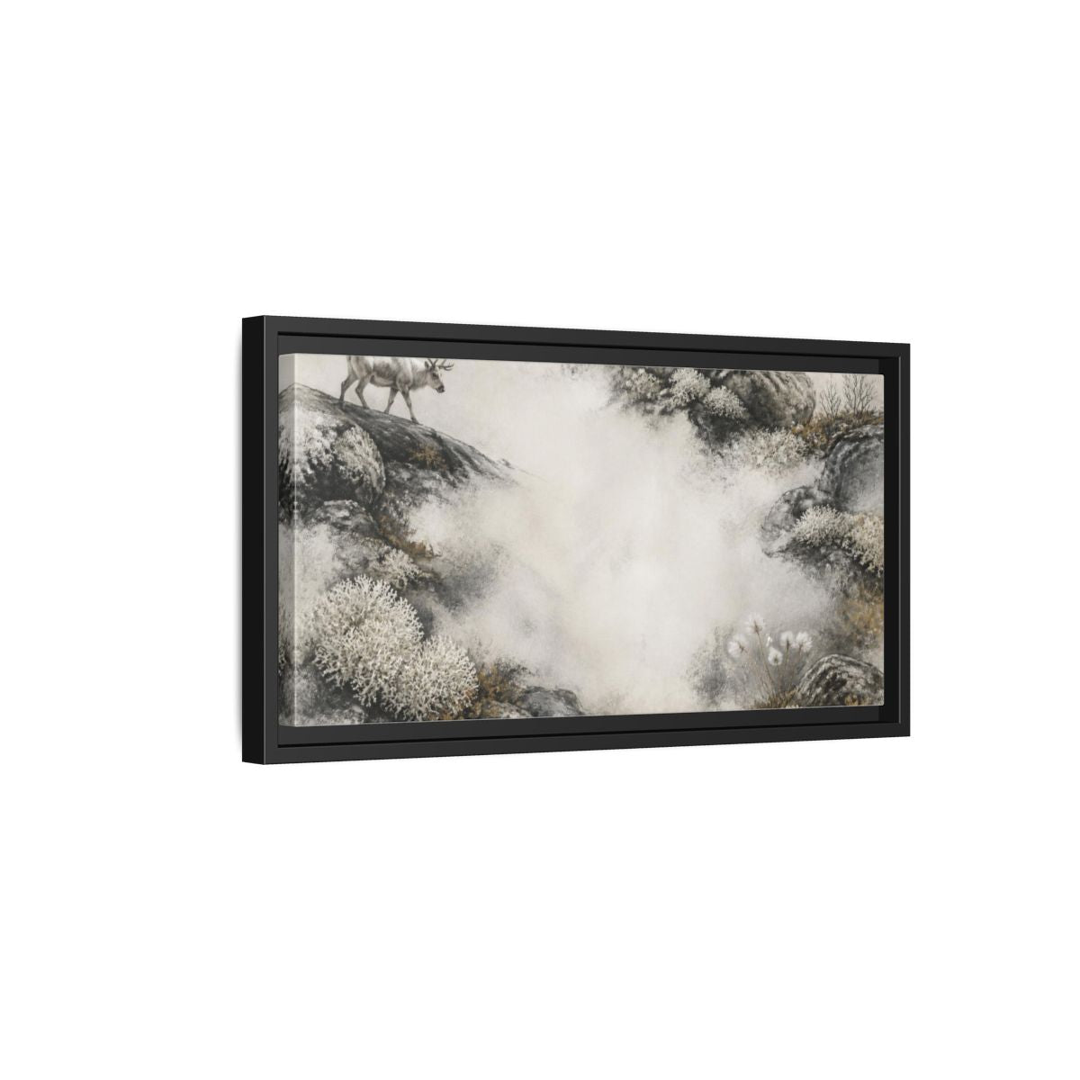 Side Mockup 8. Nordic Reindeer Study shown as framed canvas print