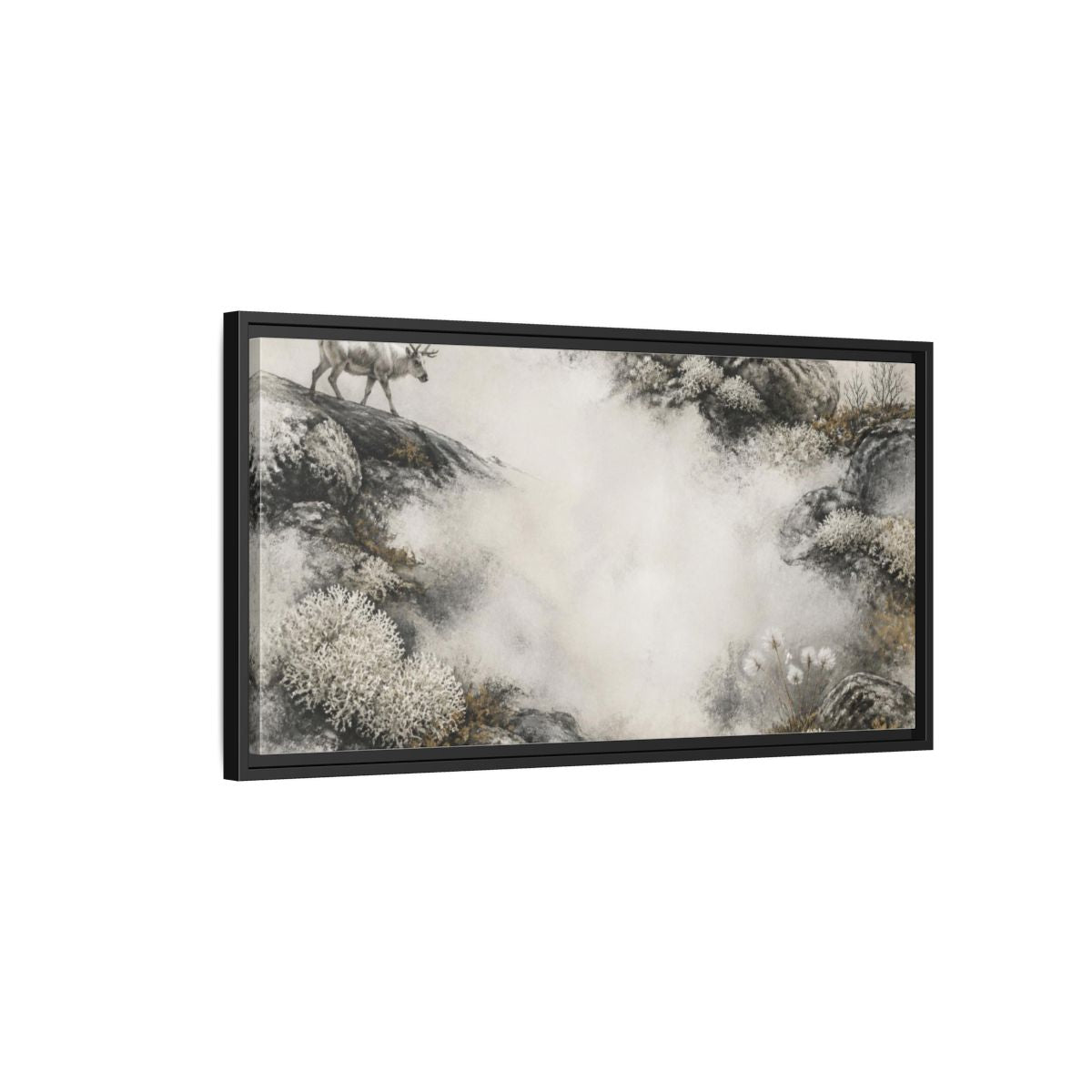 Side Mockup 2. Nordic Reindeer Study shown as framed canvas print