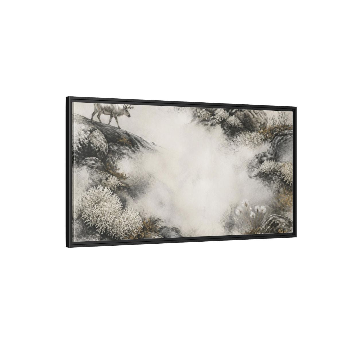 Side Mockup 5. Nordic Reindeer Study shown as framed canvas print