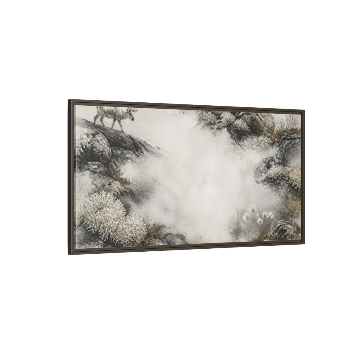 Side Mockup 4. Nordic Reindeer Study shown as framed canvas print