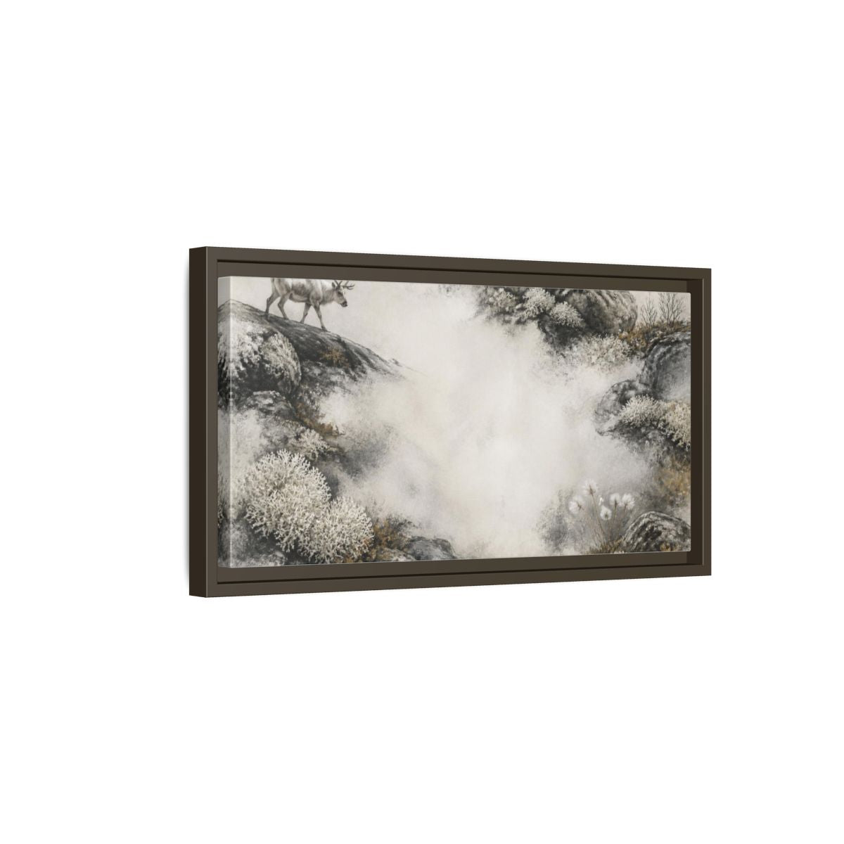 Side Mockup 7. Nordic Reindeer Study shown as framed canvas print